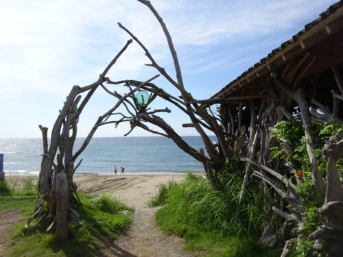 近隣のカフェの小屋の一角